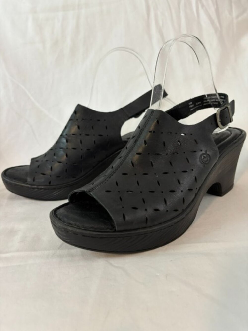 NWOT Born Black Leather Perforated Open Toe Wedge Slingback Sandal Size 8.5M